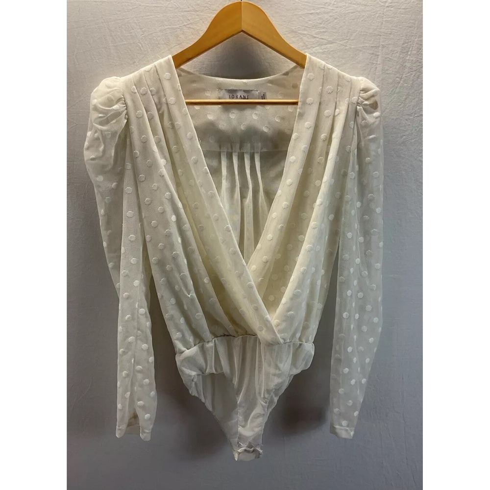 IORANE Tulle long‎ sleeve Bodysuit Swiss Dot Ivory feminine dainty Size 38 /S